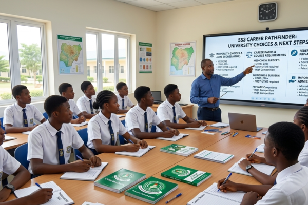 Nigerian SS3 students receiving guidance on university course selection, JAMB scores, and career planning from a school counselor in a classroom setting