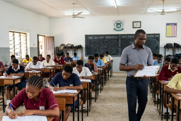 Secondary school students writing SSCE exam in a Nigerian classroom under supervision
