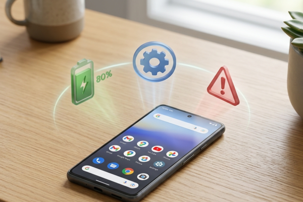 Android smartphone on desk with icons representing troubleshooting common issues.