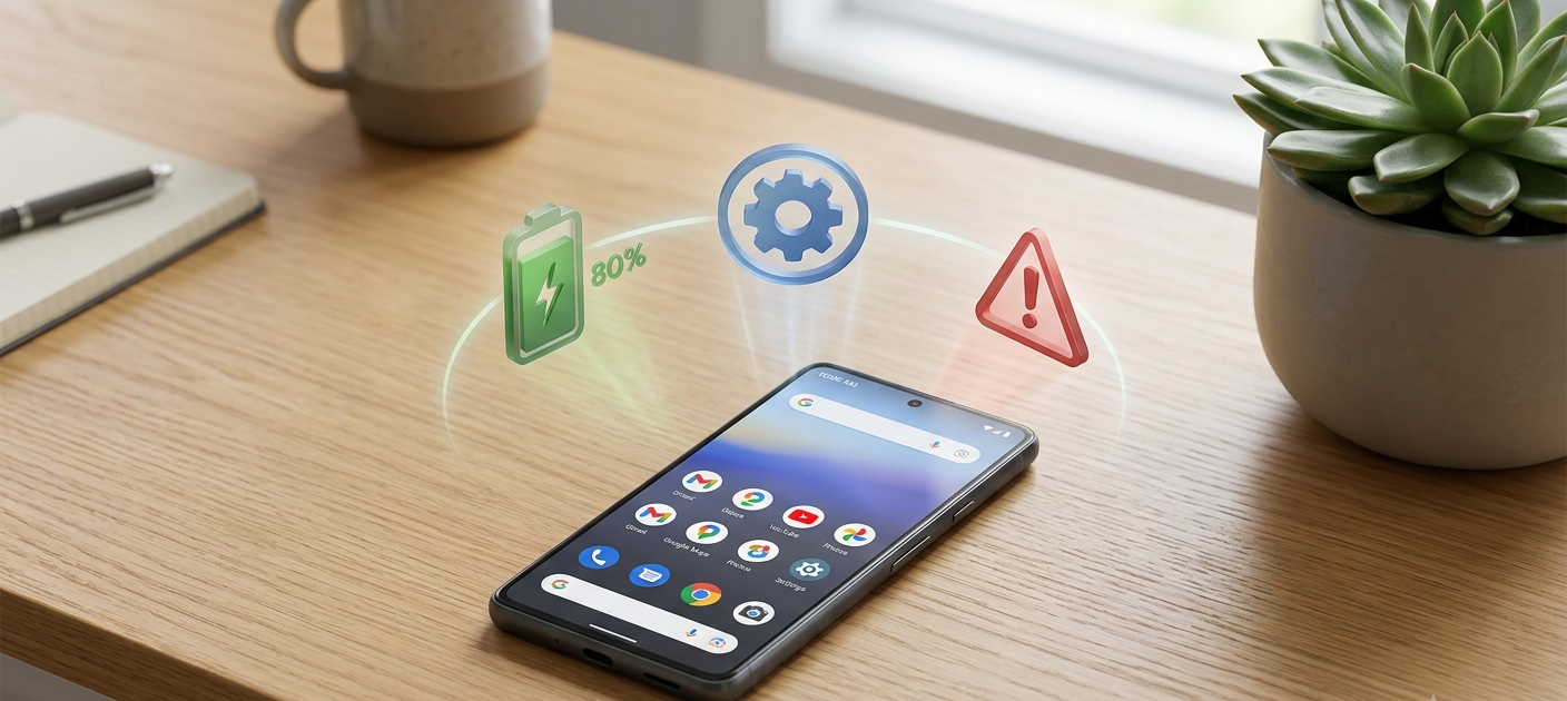 Android smartphone on desk with icons representing troubleshooting common issues.