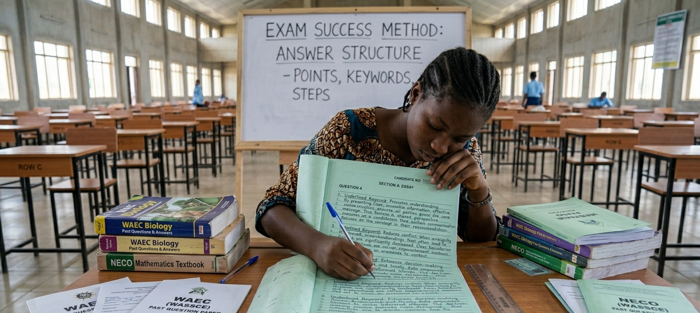 How to Answer WAEC and NECO Theory Questions to Get Full Marks: The WAEC Marking Scheme Explained 4 Focused Nigerian student preparing for WAEC and NECO exams with textbooks and past questions while writing structured theory answers.