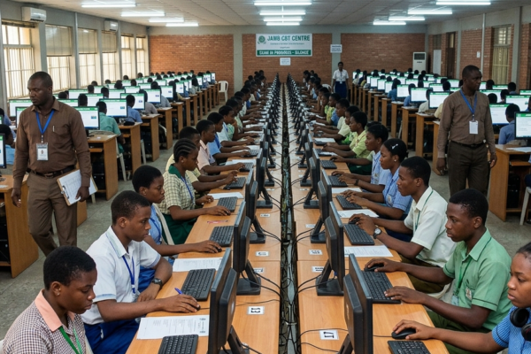 Students writing Post-UTME exam in a CBT hall in Nigeria with computers and invigilators supervising.
