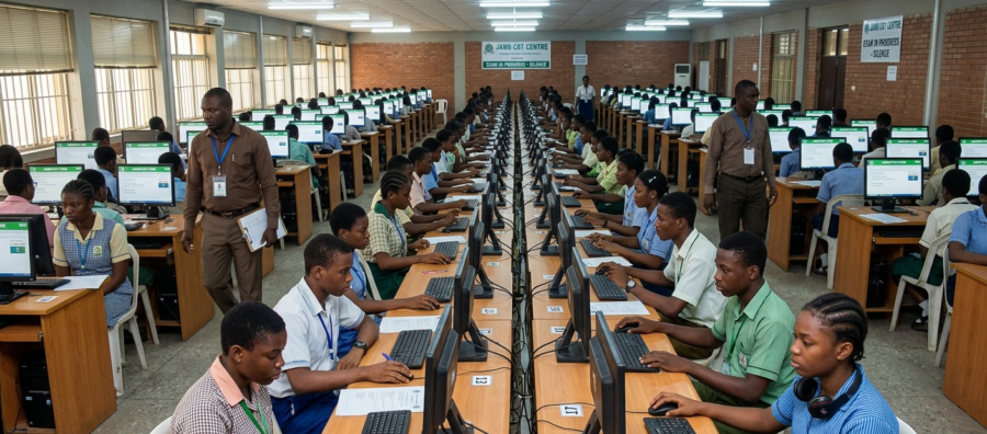 Students writing Post-UTME exam in a CBT hall in Nigeria with computers and invigilators supervising.
