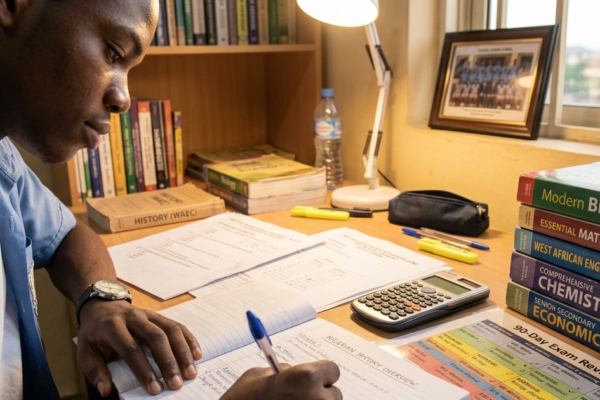 Focused student preparing for WAEC, NECO, and JAMB exams with textbooks, timetable, and study planner on desk