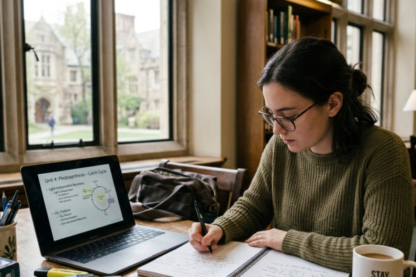 University student taking lecture notes beside a laptop during a lecture study session