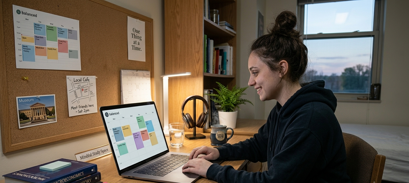 A balanced student workspace showing school study materials, a digital planner, and personal life items symbolizing time management and work-life balance