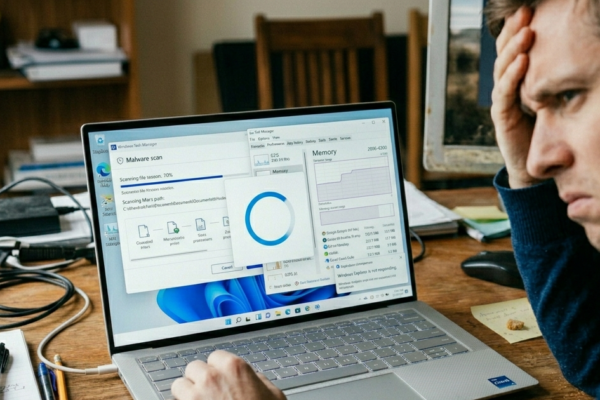 Frustrated user trying to use a slow Windows laptop with spinning loading screen