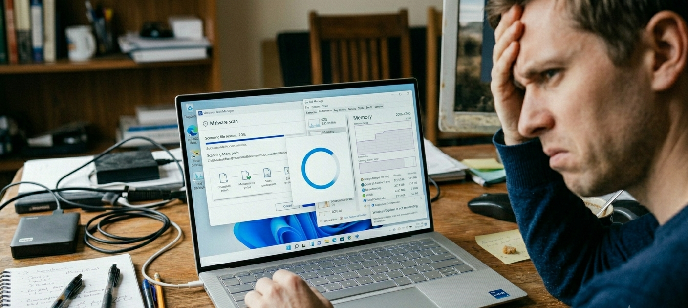 Frustrated user trying to use a slow Windows laptop with spinning loading screen