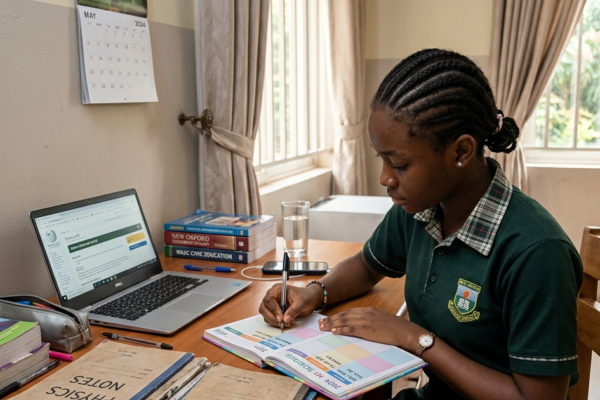 Student creating a WAEC, NECO, and JAMB study timetable at home
