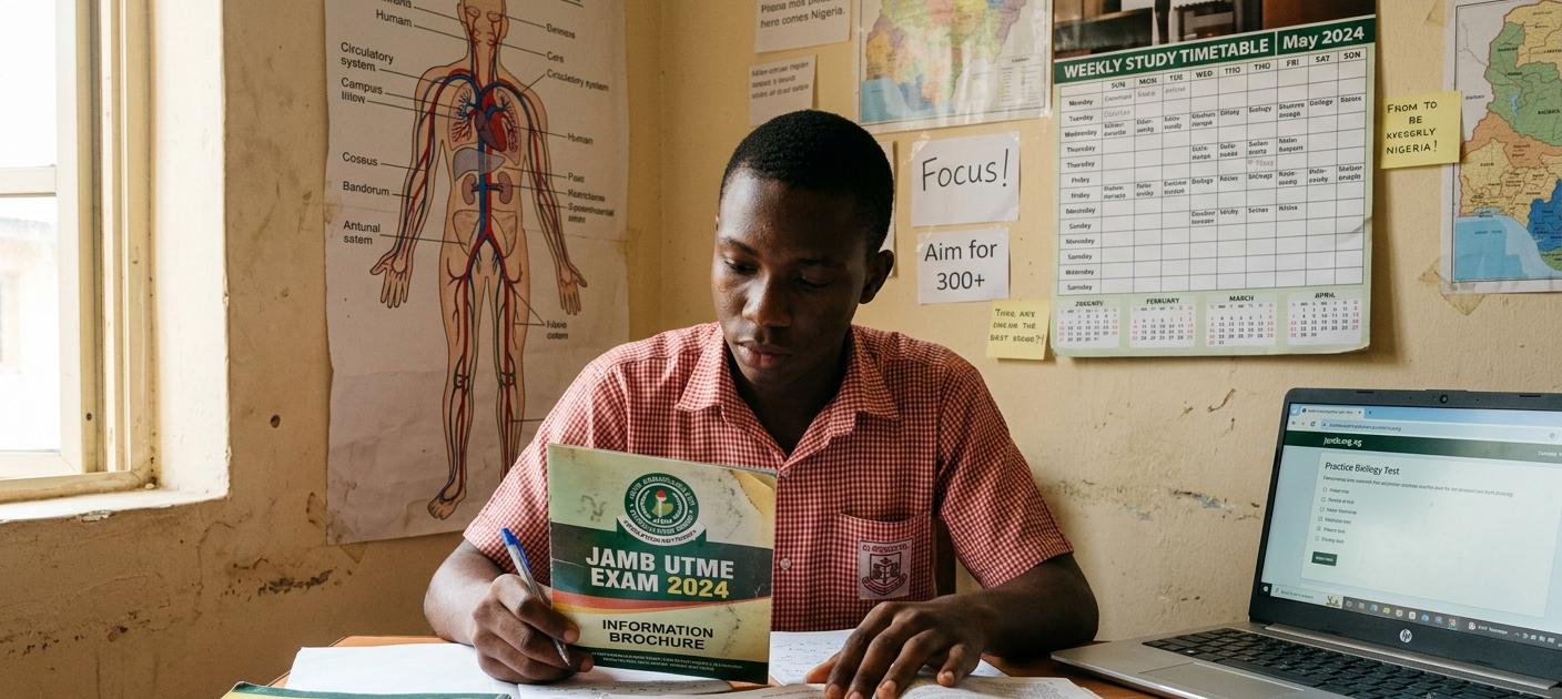 Student reviewing JAMB subject combinations and course requirements for university admission.