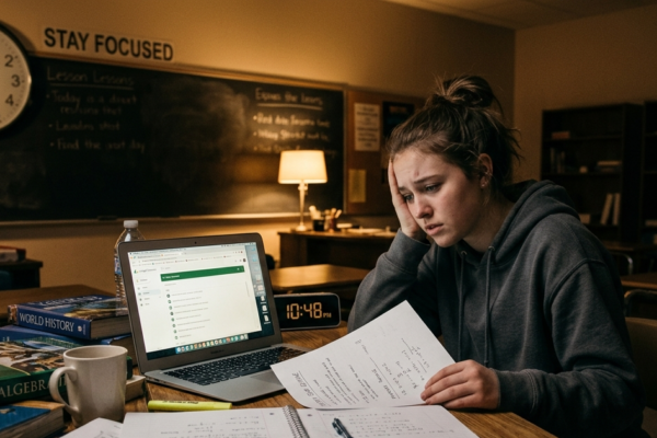 Teen student stressed while delaying schoolwork at a desk with books and laptop at night.