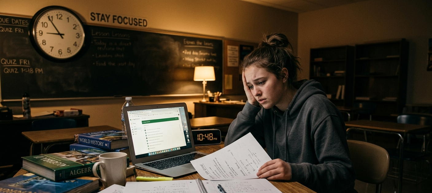 Teen student stressed while delaying schoolwork at a desk with books and laptop at night.