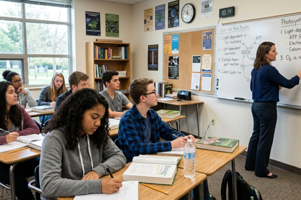 Students taking notes in a classroom during a lesson with teacher writing on the board
