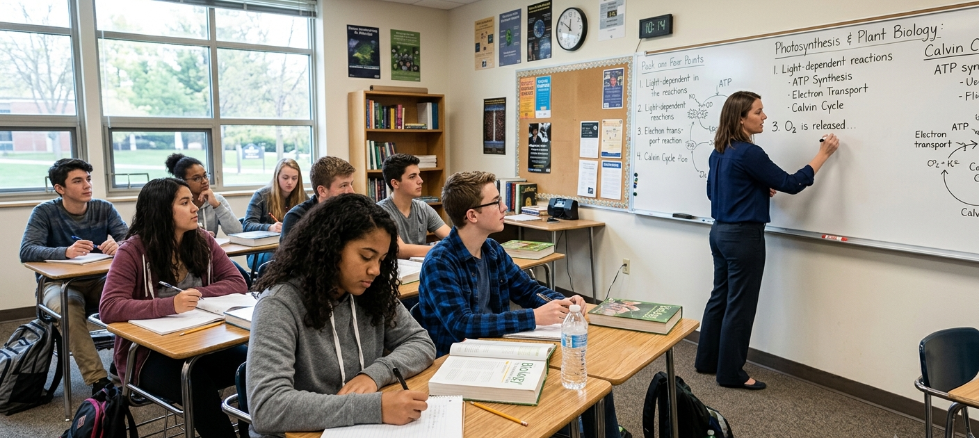 Students taking notes in a classroom during a lesson with teacher writing on the board