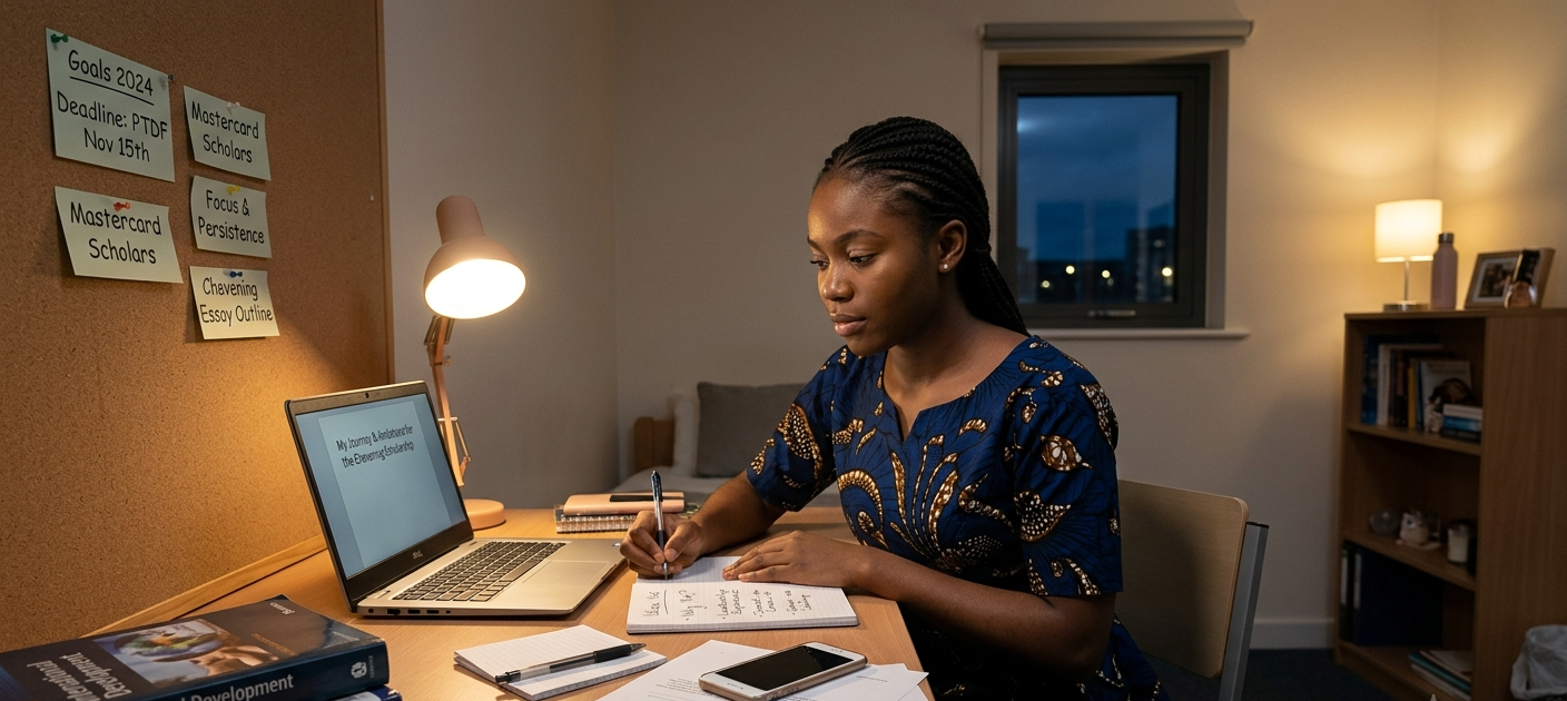 Focused Nigerian student writing a scholarship essay on laptop at night with notes, books, and scholarship goals on desk in a warm study environment