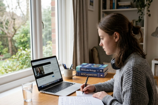 Focused student studying online with laptop and notebook in a quiet study environment.
