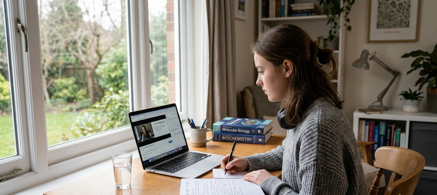 Focused student studying online with laptop and notebook in a quiet study environment.