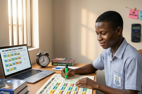 Focused student using a 30-day revision timetable planner for WAEC, NECO, and JAMB exam preparation