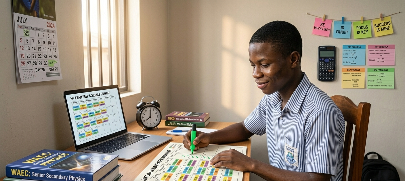 Focused student using a 30-day revision timetable planner for WAEC, NECO, and JAMB exam preparation