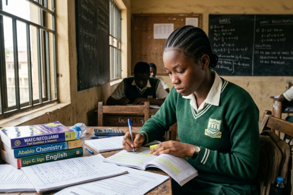 Student studying WAEC past questions with textbooks and notebook on a desk in a quiet classroom setting
