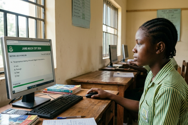 Nigerian student practicing JAMB CBT exam on a computer in a study room