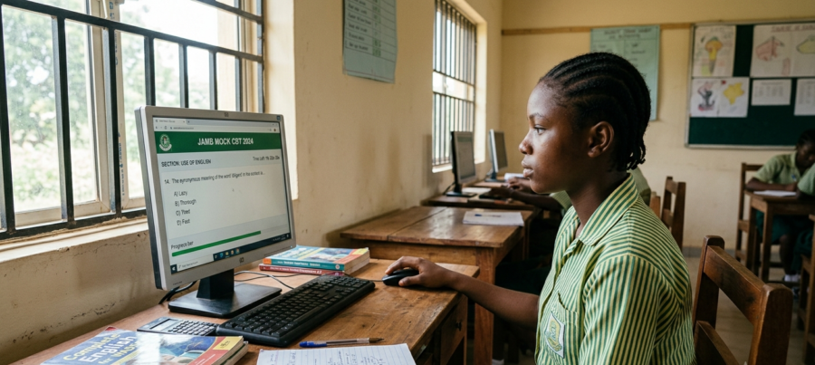 Nigerian student practicing JAMB CBT exam on a computer in a study room