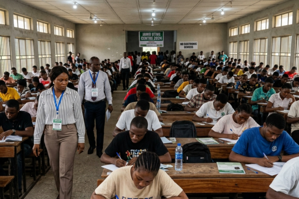 Nigerian students writing JAMB examination in a supervised exam hall