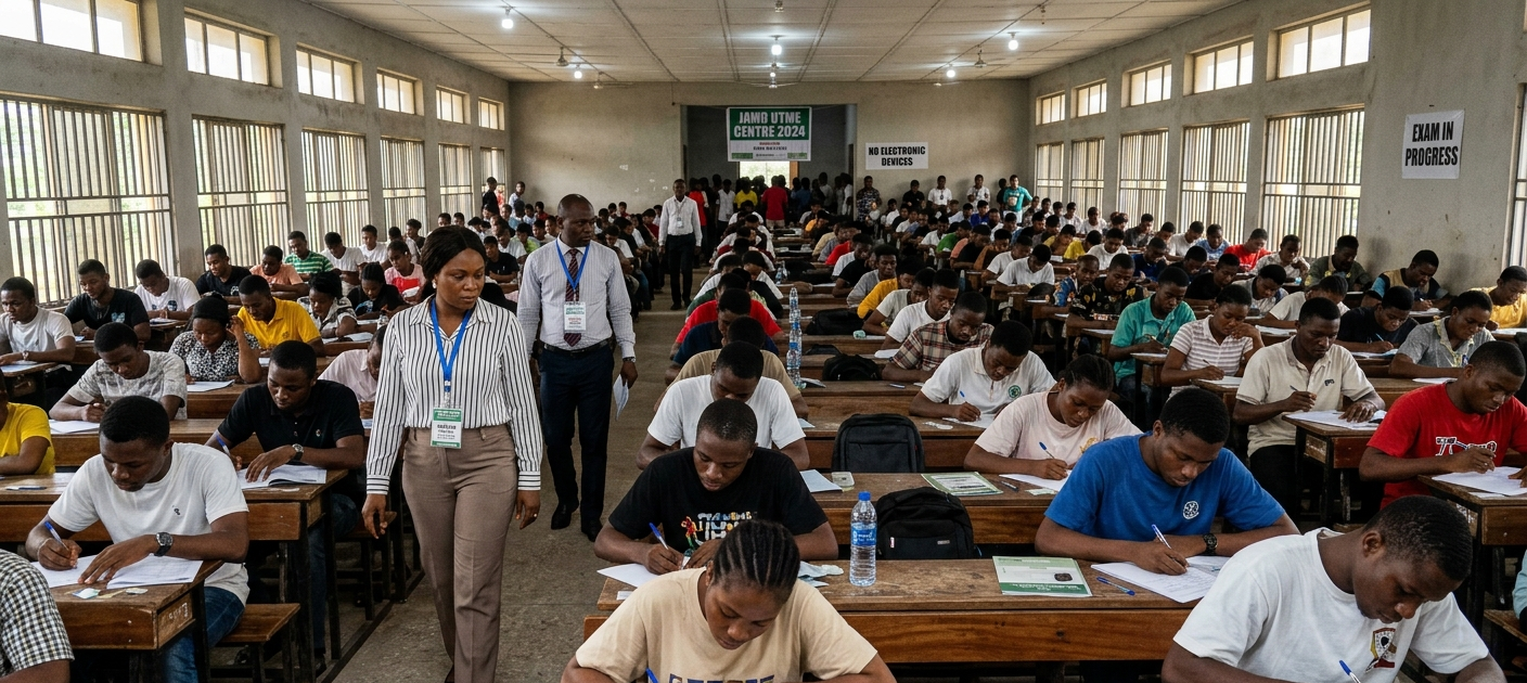 How to Calculate Your Aggregate Score and Predict Your Admission Chances in Nigeria 5 Nigerian students writing JAMB examination in a supervised exam hall