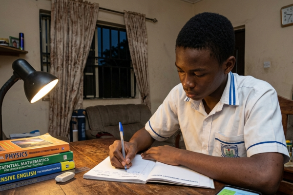 Nigerian student studying for JAMB at a desk with books and a study timetable.