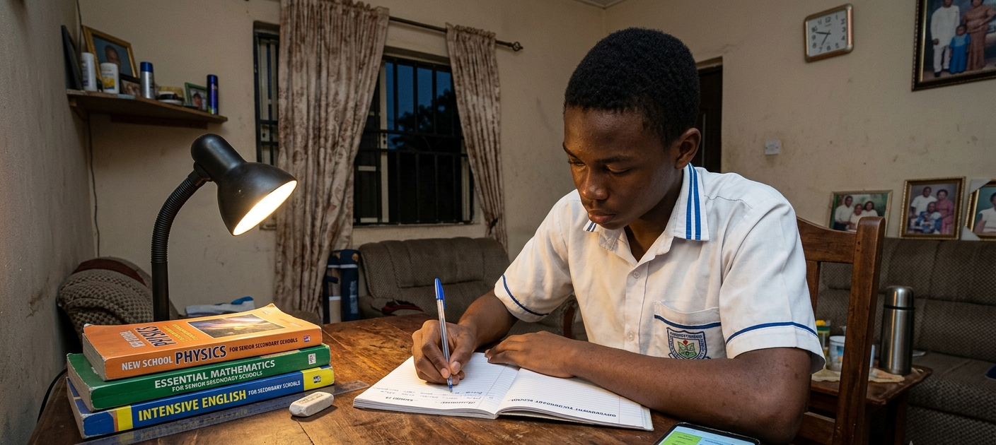 Nigerian student studying for JAMB at a desk with books and a study timetable.