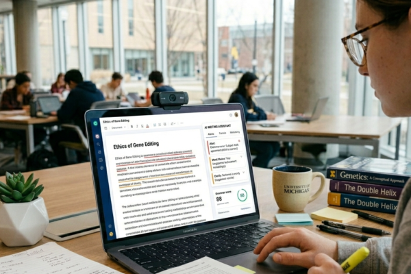 Student using AI tools on a laptop for studying and productivity in a modern study environment