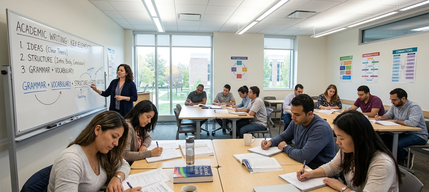 ESL students in a classroom learning academic English writing with a teacher explaining writing structure on a whiteboard