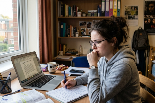 Student studying with textbooks and laptop in a quiet room preparing for exams