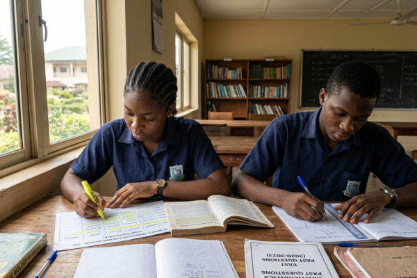 WAEC and JAMB students planning a study timetable with textbooks and past questions on a desk