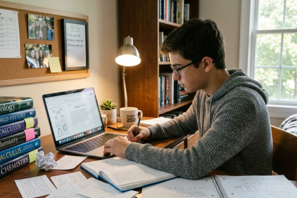 Teenage student working on a school project at a desk with books and laptop.