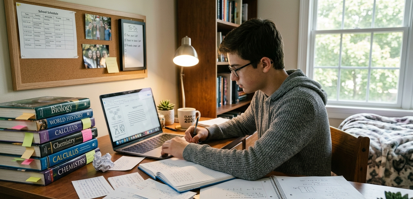 Teenage student working on a school project at a desk with books and laptop.