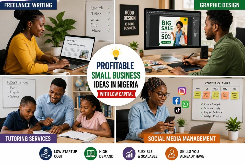 Profitable Small Business Ideas in Nigeria with Low Capital including freelance writing, tutoring, and digital services