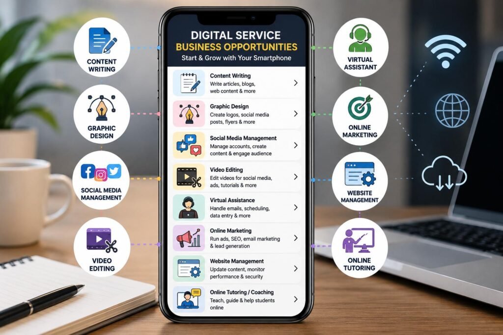 Examples of Digital Service Businesses including content writing, graphic design, social media management, and online tutoring.