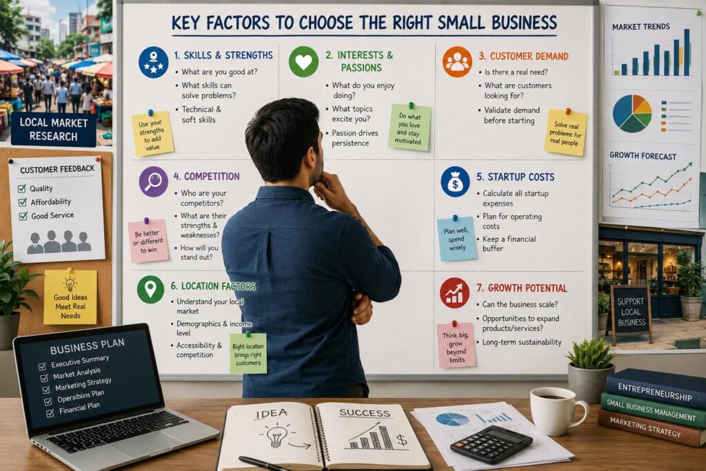 How to Choose the Right Small Business Based on Your Skills, Interests, and Location 2 Entrepreneur evaluating factors to choose the right small business based on skills and location