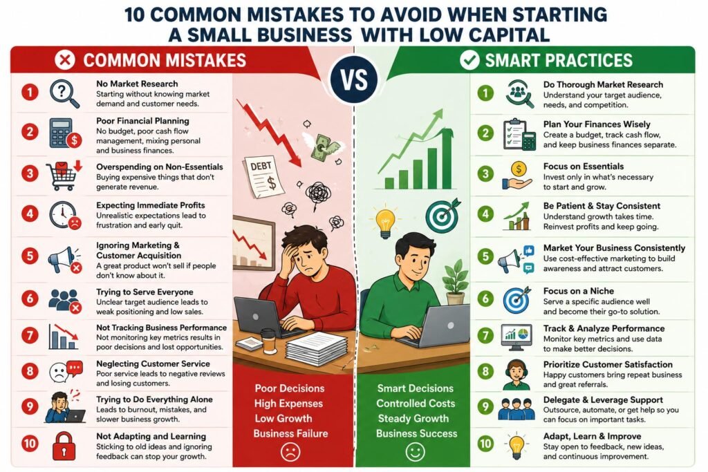 10 Common Mistakes to Avoid When Starting a Small Business with Low Capital 2 Common Mistakes to Avoid When Starting a Small Business with Low Capital, comparison of poor and smart startup business decisions.
