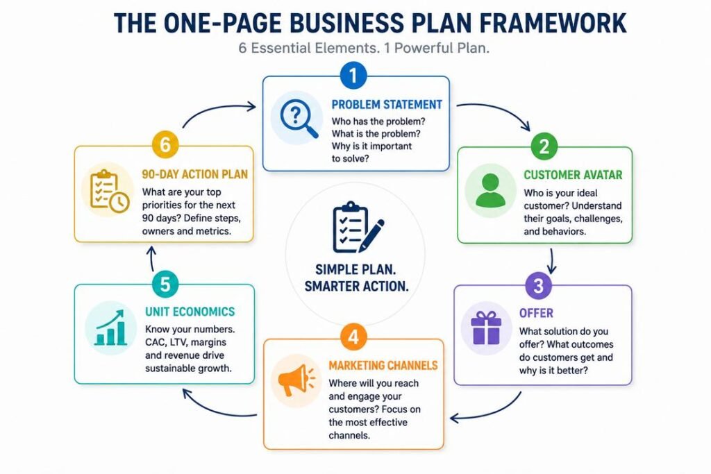 One-page simple business plan framework showing problem statement, customer avatar, offer, channels, unit economics, and a 90-day action plan.