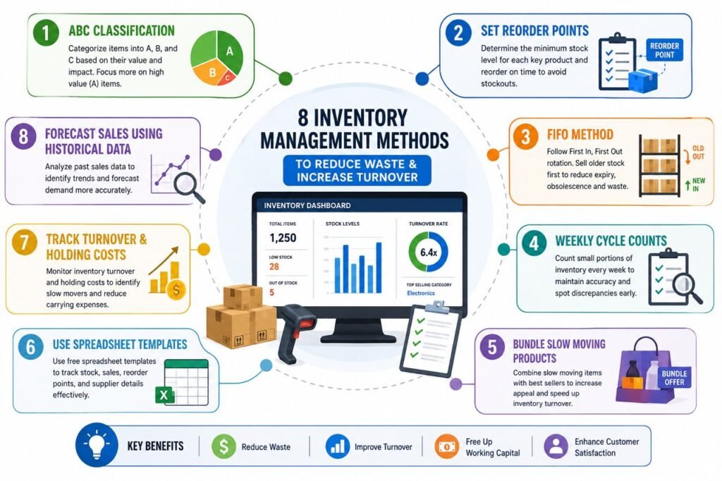 Inventory management for small retailers infographic showing eight methods to reduce waste and increase turnover.