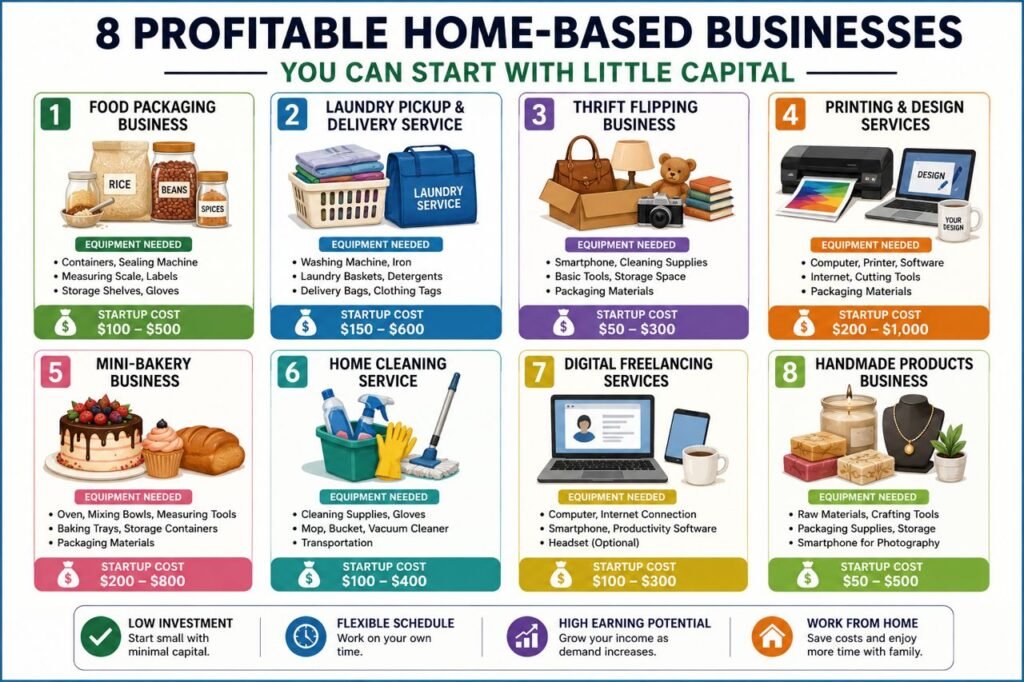 Profitable home-based businesses with startup costs, equipment needs, and earning opportunities