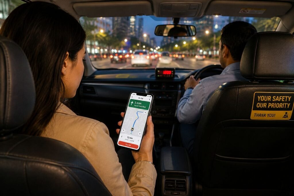 Taxi safety tips passenger monitoring route with GPS during a taxi journey