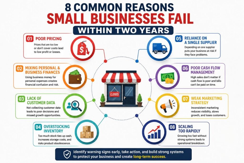 8 Common Reasons Small Businesses Fail Within Two Years: How to Spot the Warning Signs and What You Need to Know 2 Infographic showing the reasons small businesses fail, including poor pricing, financial management, customer data, inventory, supplier dependence, cash flow, marketing, and rapid scaling.