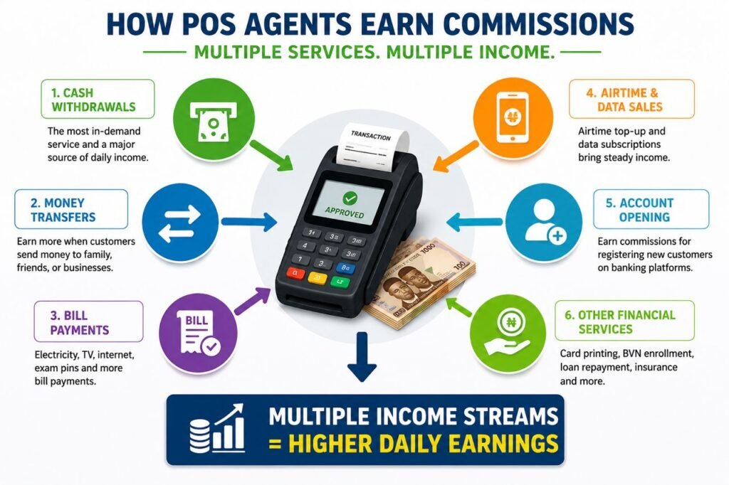 POS and agency banking business tips showing how POS agents earn commissions from multiple services
