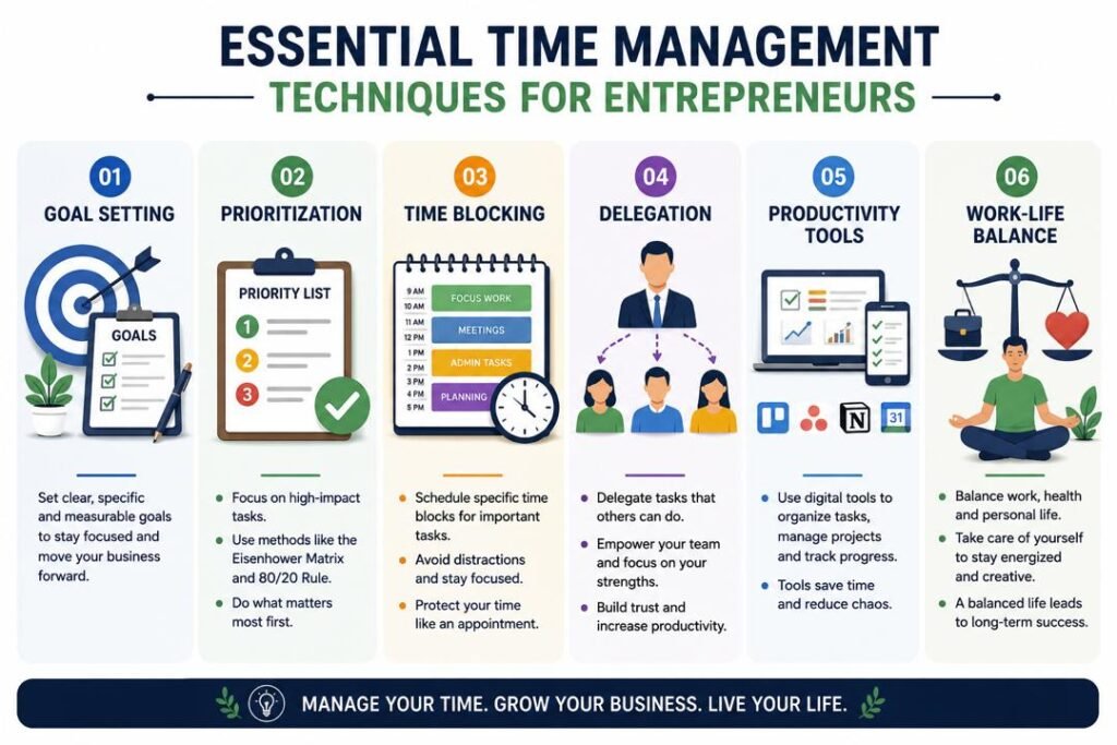 Time Management Strategies for Busy Entrepreneurs showing goal setting, prioritization, delegation, and productivity tools
