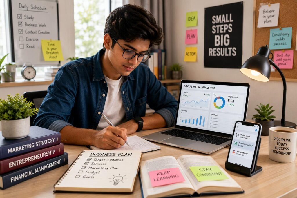 11 Affordable Small Business Opportunities for Students, Graduates, and Side Hustlers 2 Student managing affordable small business opportunities while balancing studies and entrepreneurship