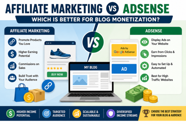 Comparison of Affiliate Marketing and Google AdSense as blog monetization strategies for earning income online.