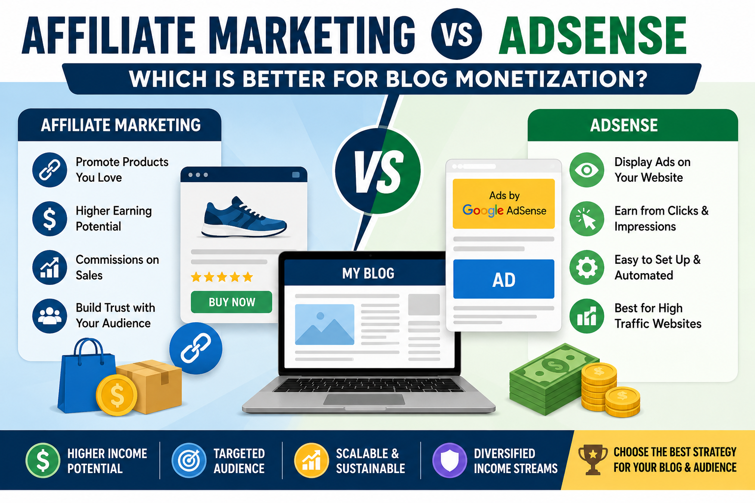 Comparison of Affiliate Marketing and Google AdSense as blog monetization strategies for earning income online.